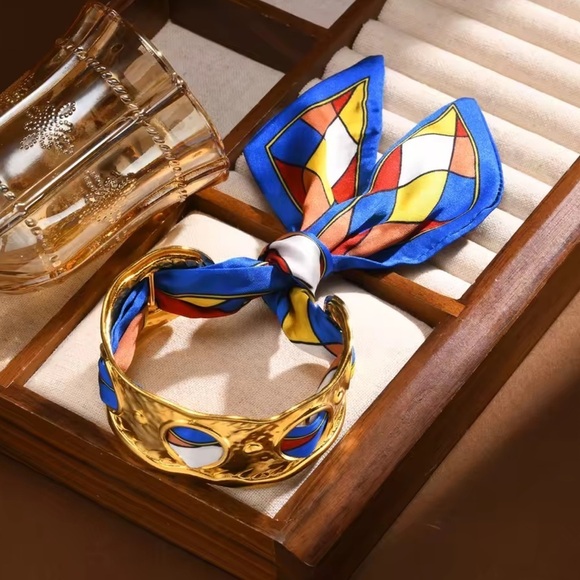 Anthropologie Jewelry - Retro Cuff 18K Gold Stainless Steel Silk Blue Scarf Bracelet